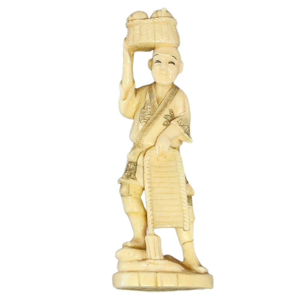 Vintage Japanese Hand Carved Okimono Basket Carrier Signed Figurine Asian Art